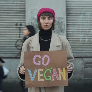 Lviv, Ukraine - November 27, 2019: Young hipster girl holding Go Vegan sign banner and standing outside. Millennial female agitating vegitarian lifestyle . Time lapse. People crowd passing at background